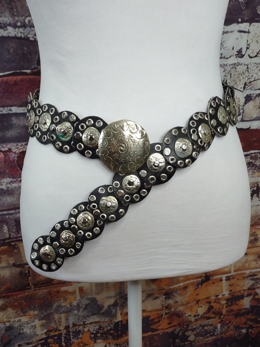 Vintage Moroccan Leather Belt with Silver Medallions
